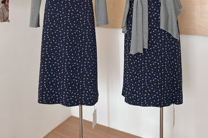 (Various Spaghetti Front Designs) Strap Lace A-Line Floral Dress Open V-Neck Set: Plain + Trim Print Cardigan