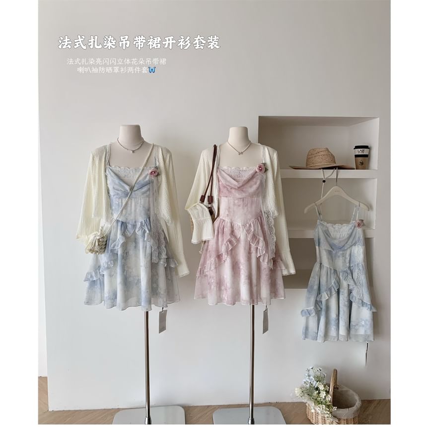 + A-Line Plain Floral Set: Mini Dress Strap Spaghetti Print Cardigan