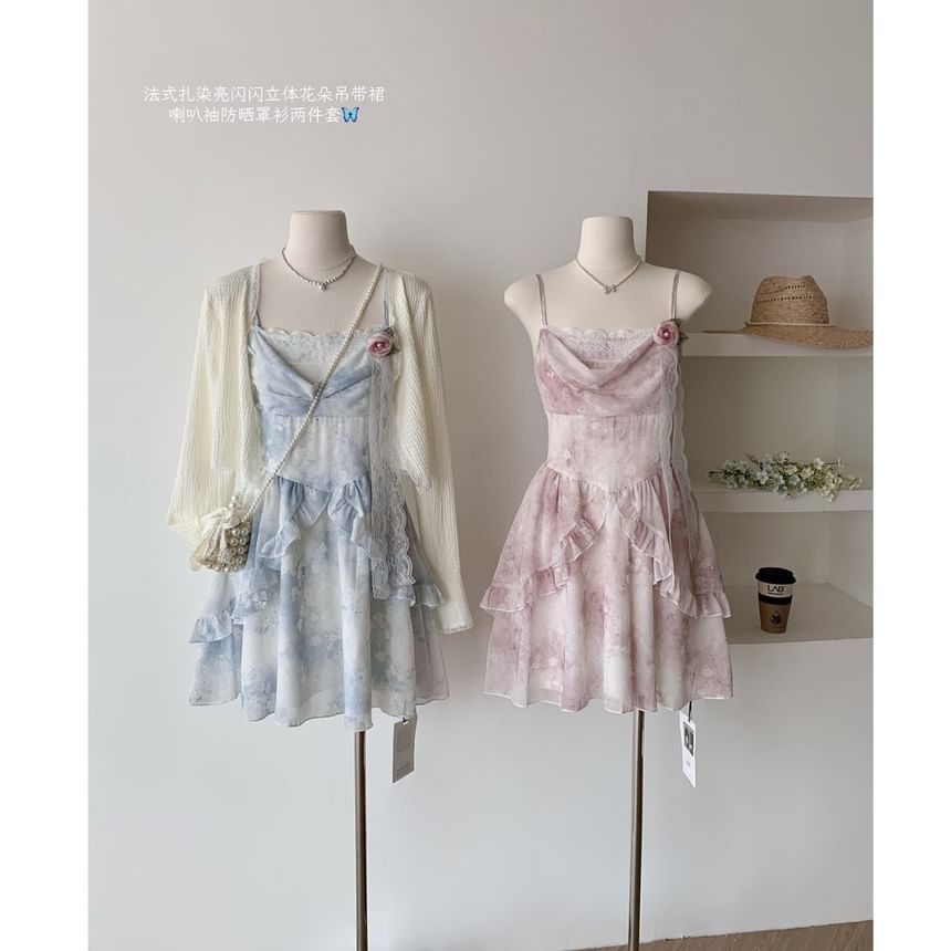 + A-Line Plain Floral Set: Mini Dress Strap Spaghetti Print Cardigan