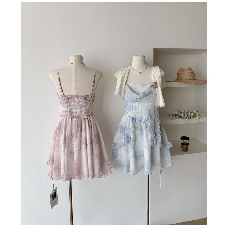 + A-Line Plain Floral Set: Mini Dress Strap Spaghetti Print Cardigan