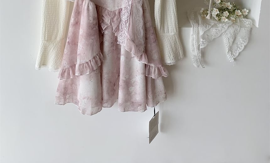 + A-Line Plain Floral Set: Mini Dress Strap Spaghetti Print Cardigan