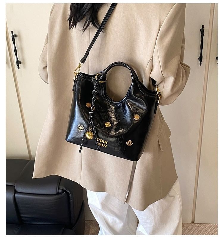 Leather Handle Top Bag Bucket Faux