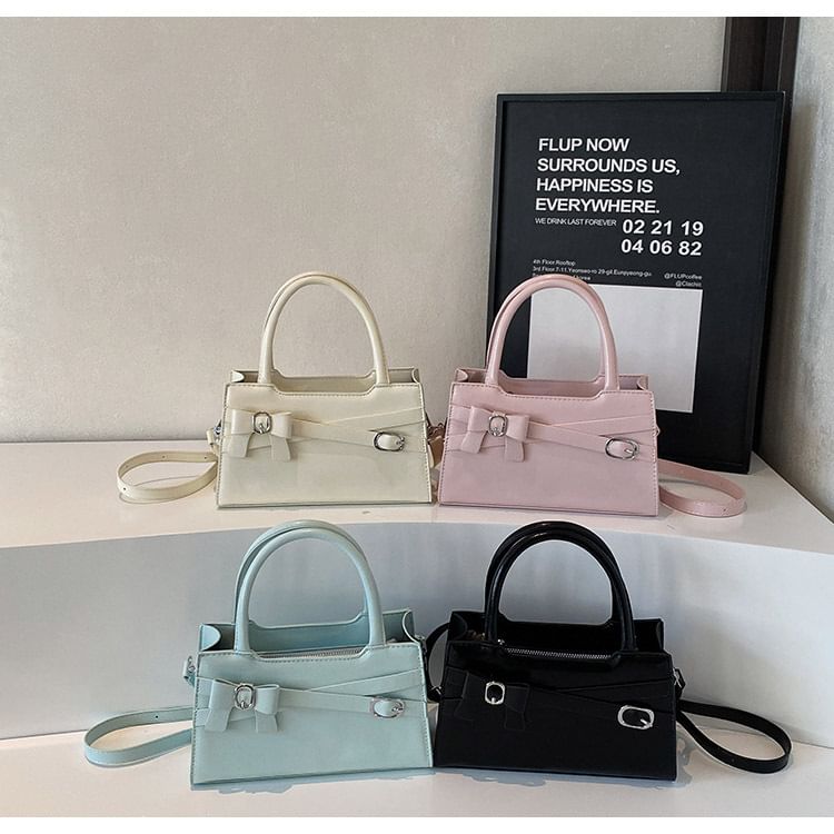 Handle Crossbody Faux Bag Leather Top Buckled Bow
