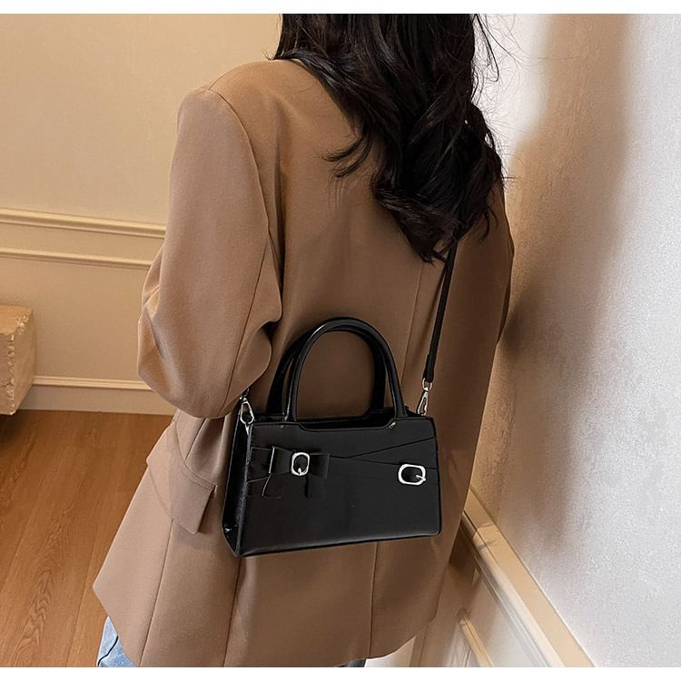 Handle Crossbody Faux Bag Leather Top Buckled Bow