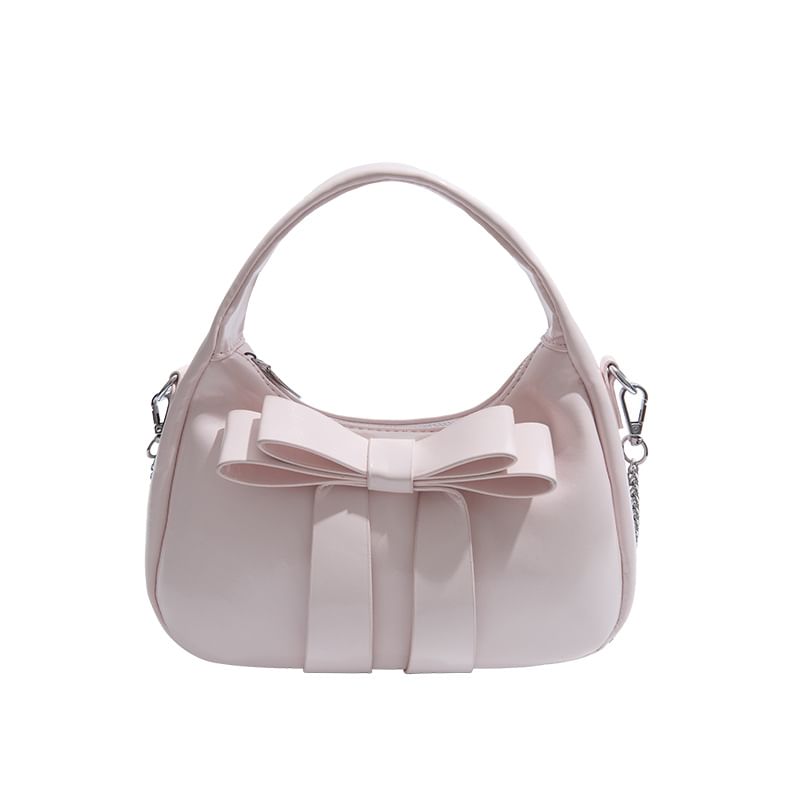 Faux Accent Crossbody Bag Bow Chain Leather Strap Plain