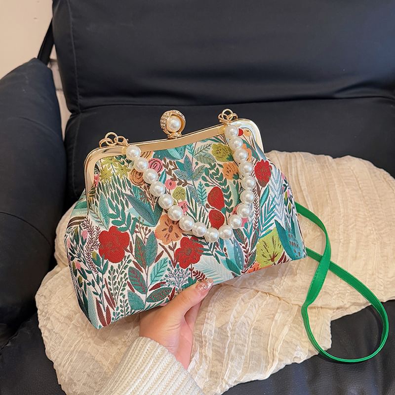 Strap Jacquard Bag Faux Crossbody Pearl Floral