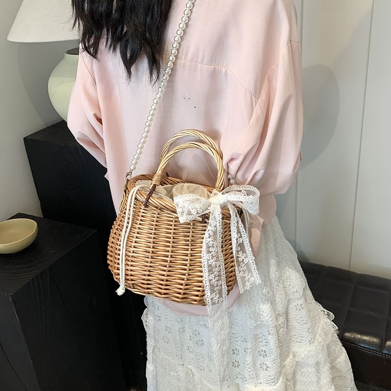 Strap Pearl Crossbody Straw Bag Faux Set: Drawstring Scarf +