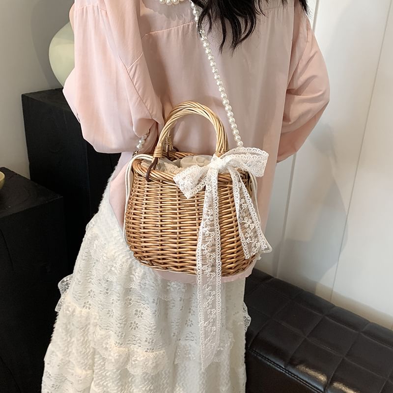 Strap Pearl Crossbody Straw Bag Faux Set: Drawstring Scarf +