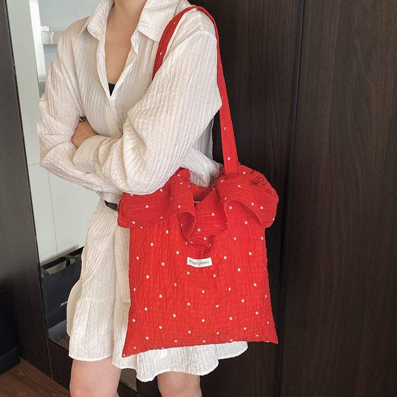 Tote Bag Embroidered Trim Floral Ruffle