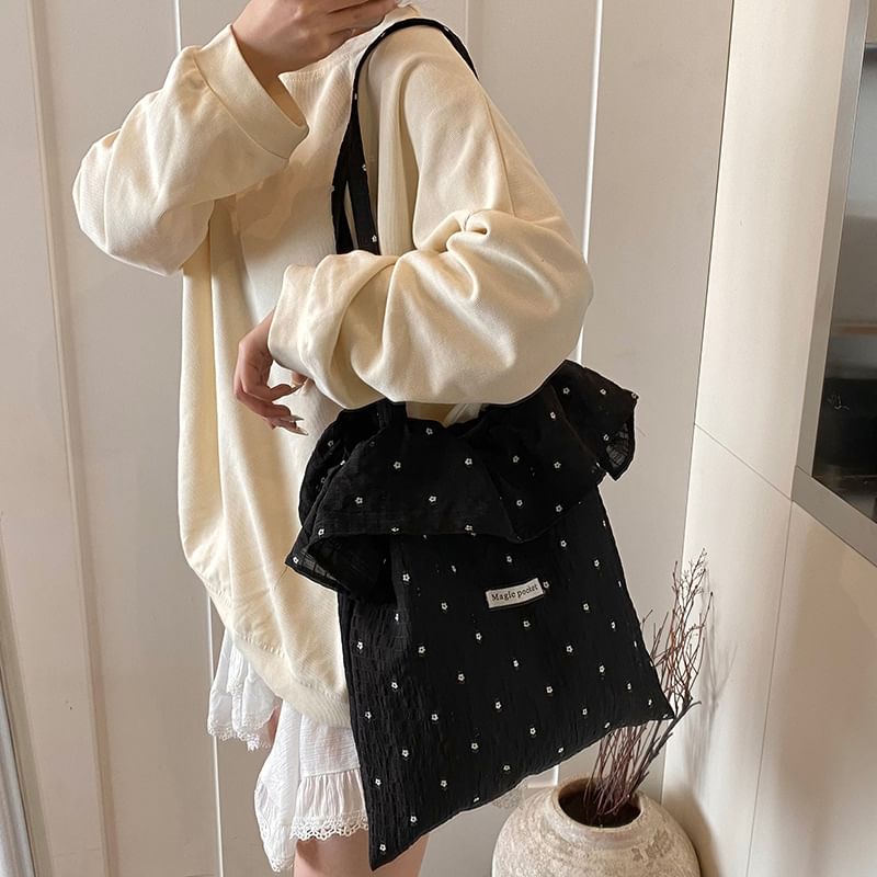 Tote Bag Embroidered Trim Floral Ruffle