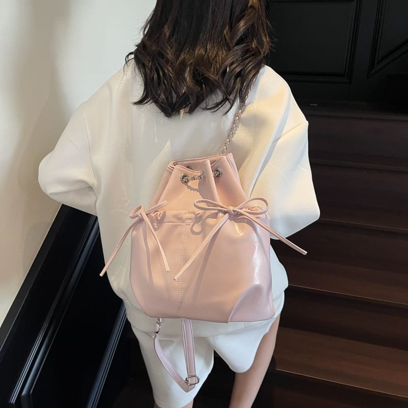 Drawstring Faux Leather Plain Backpack