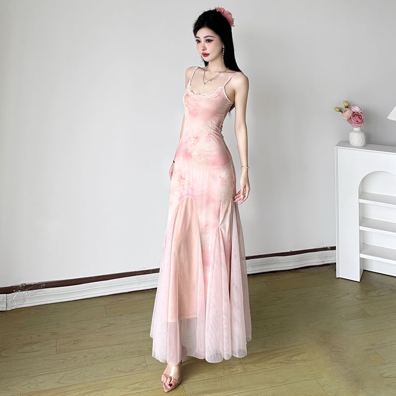 Lace Trim Mesh Maxi Mermaid Dress with Tie Dye Print and Scoop Neck