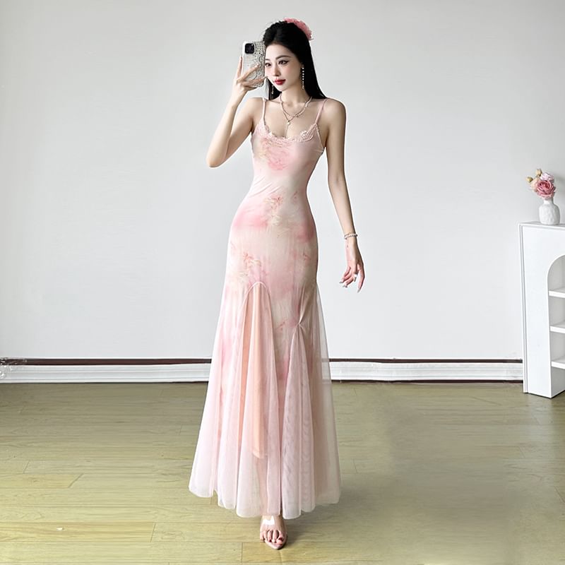 Lace Trim Mesh Maxi Mermaid Dress with Tie Dye Print and Scoop Neck