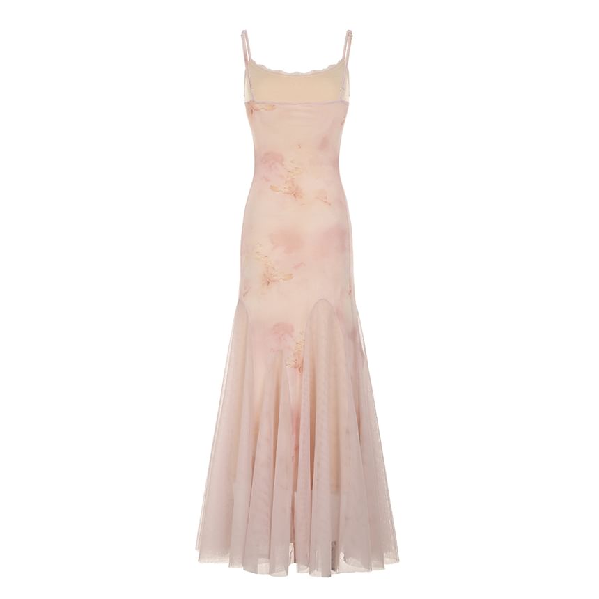 Spaghetti Strap Scoop Neck Tie Dye Lace Trim Mesh Maxi Mermaid