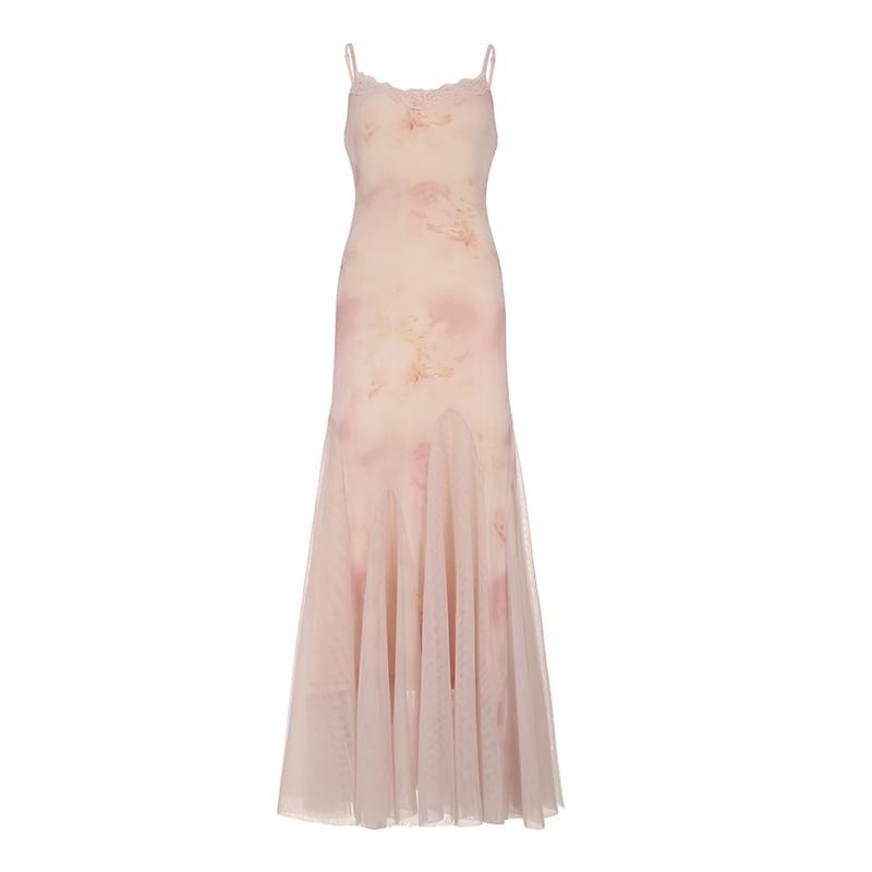 Spaghetti Strap Scoop Neck Tie Dye Lace Trim Mesh Maxi Mermaid