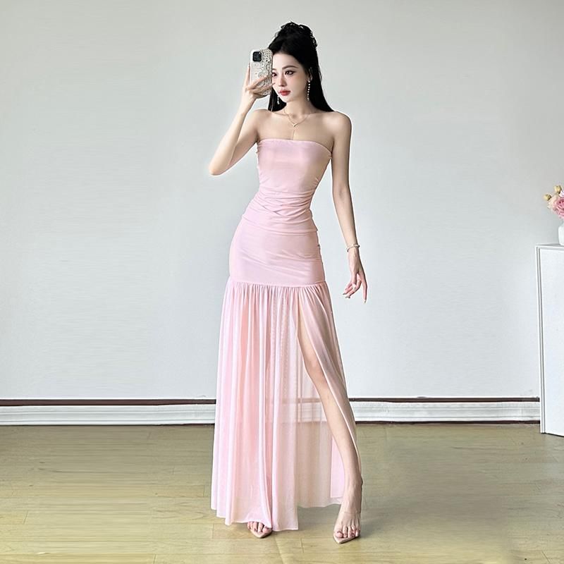 Strapless Plain Ruched Slit Mesh Maxi A-Line Dress