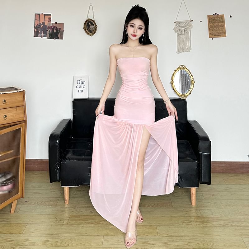 Strapless Plain Ruched Slit Mesh Maxi A-Line Dress