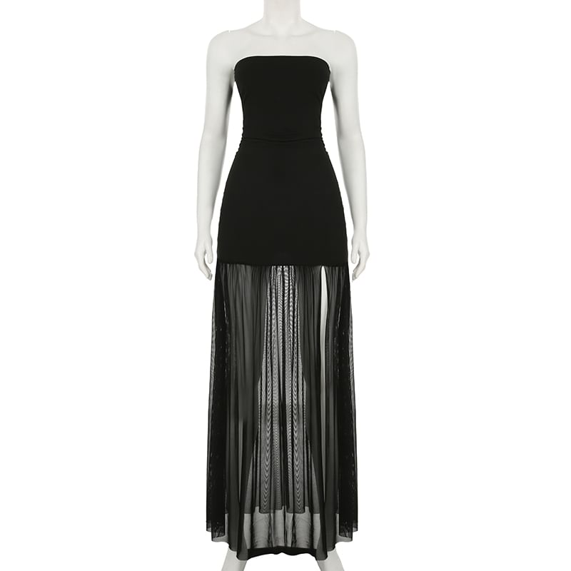 Strapless Plain Ruched Slit Mesh Maxi A-Line Dress