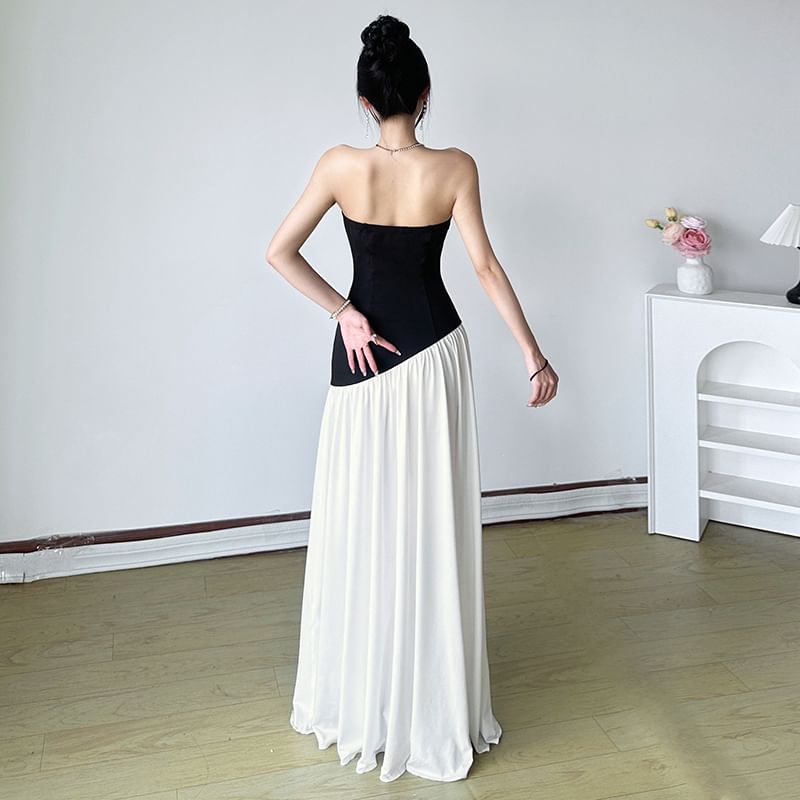 Strapless Two Tone Slit Maxi A-Line Dress