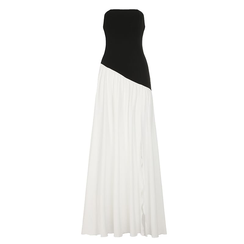 Strapless Two Tone Slit Maxi A-Line Dress