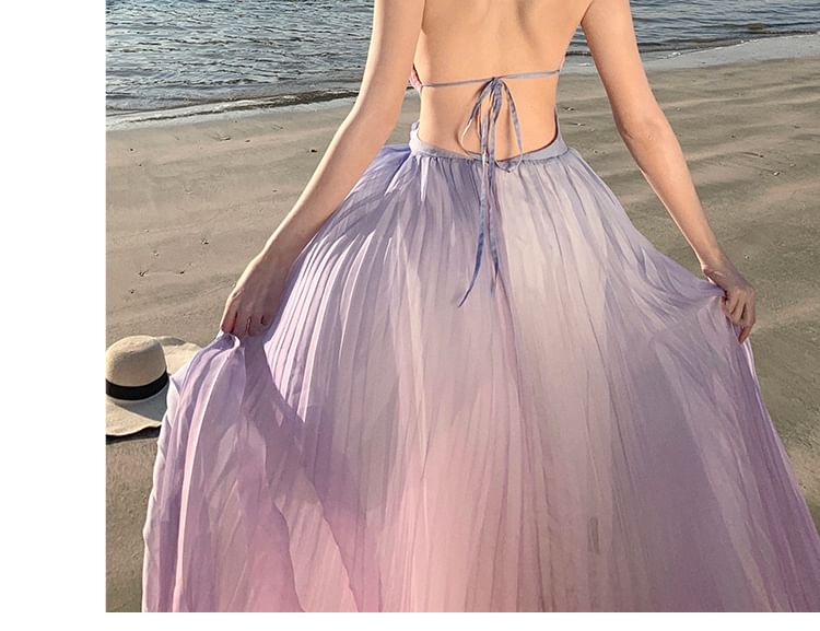Spaghetti Strap Two Tone Wrap Accordion Pleat Maxi Sundress