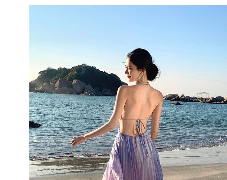Spaghetti Strap Two Tone Wrap Accordion Pleat Maxi Sundress