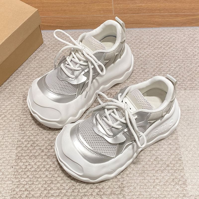 Faux Mesh Sneakers Platform Leather Panel Lace-Up