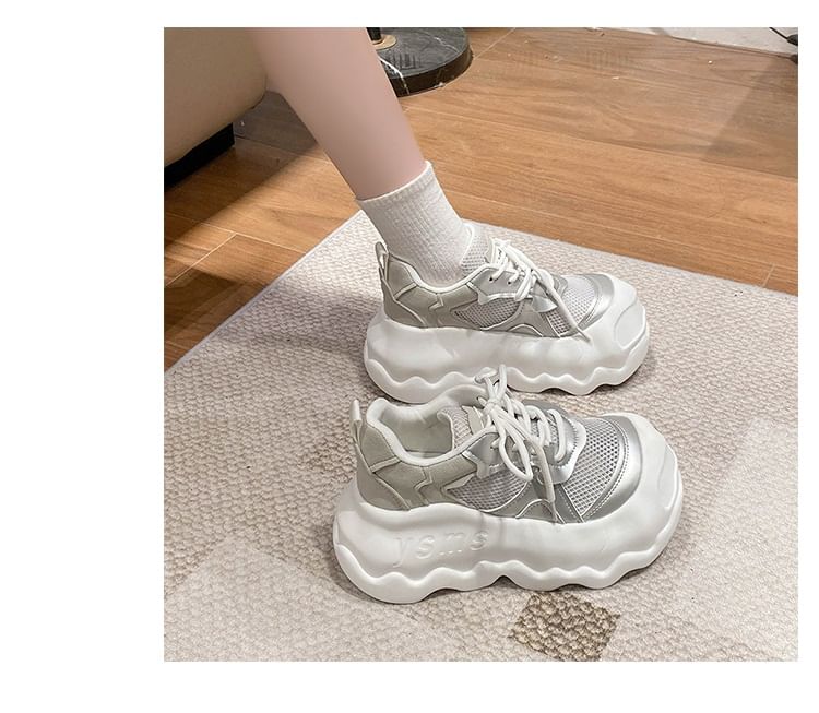 Faux Mesh Sneakers Platform Leather Panel Lace-Up