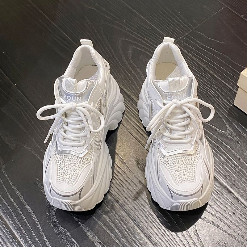 Leather Sneakers Wedge Faux Lace-Up Rhinestone Hidden