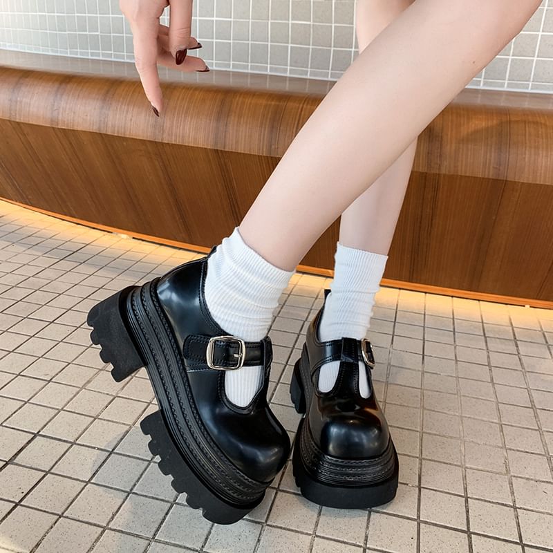 T-Strap Plain Leather Platform Mary Shoes Faux Jane