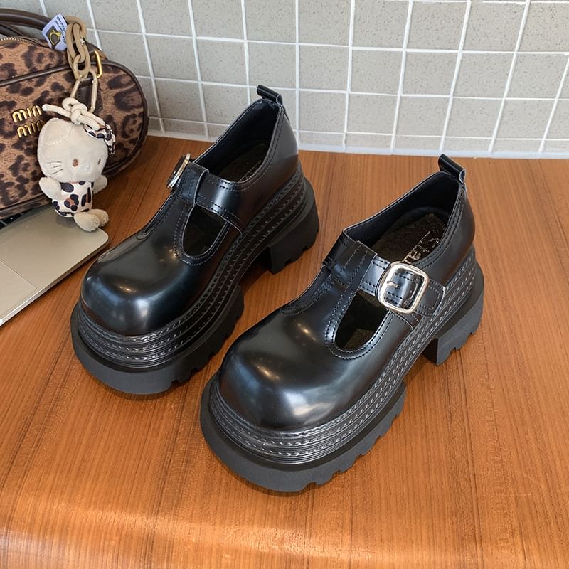 T-Strap Plain Leather Platform Mary Shoes Faux Jane