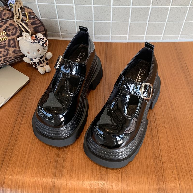 T-Strap Plain Leather Platform Mary Shoes Faux Jane