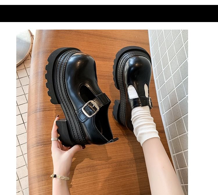 T-Strap Plain Leather Platform Mary Shoes Faux Jane