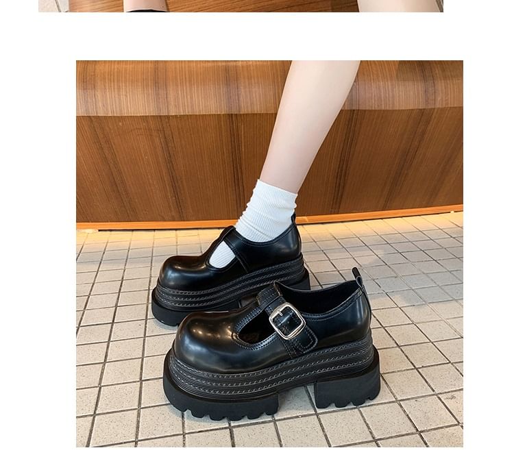 T-Strap Plain Leather Platform Mary Shoes Faux Jane