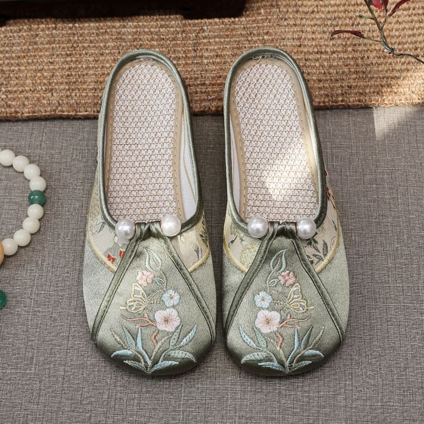 Pearl Embroidered Mules Faux Floral