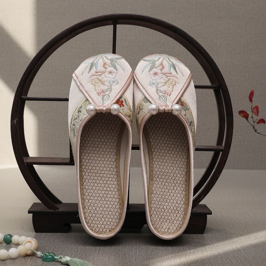 Pearl Embroidered Mules Faux Floral