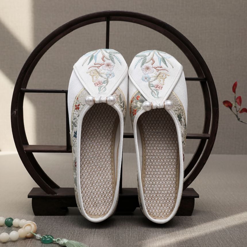 Pearl Embroidered Mules Faux Floral