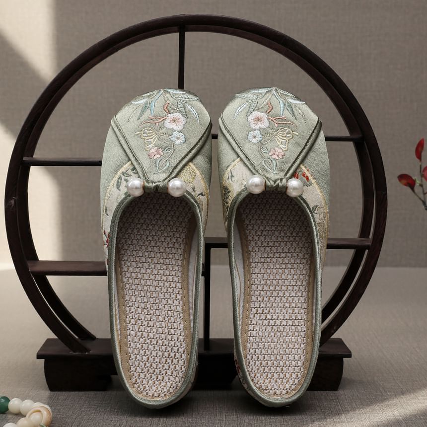 Pearl Embroidered Mules Faux Floral