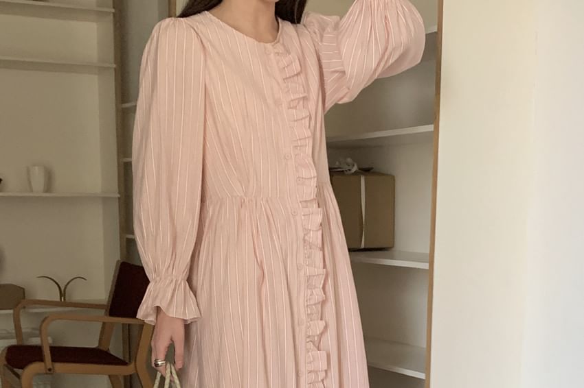 Puff Sleeve Striped Ruffle Maxi Smock Dress