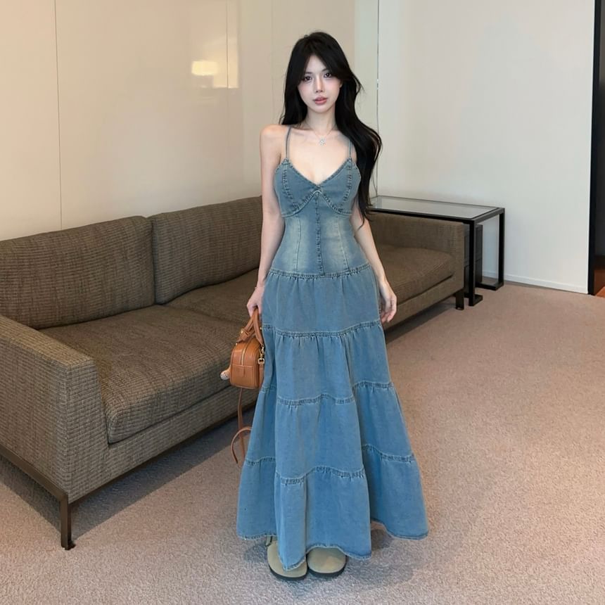 Spaghetti Strap V-Neck Washed Tiered Panel Maxi A-Line Denim