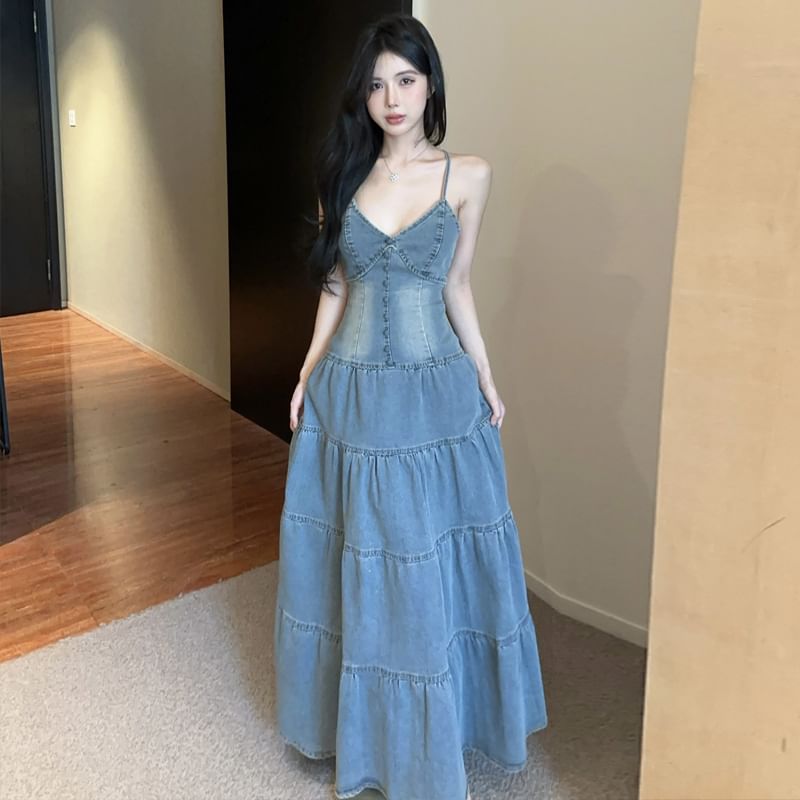Spaghetti Strap V-Neck Washed Tiered Panel Maxi A-Line Denim