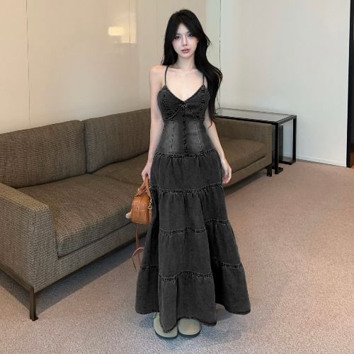 Spaghetti Strap V-Neck Washed Tiered Panel Maxi A-Line Denim
