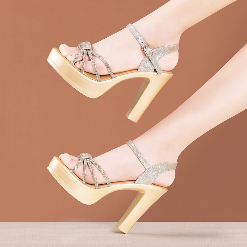 Block Heel Platform Rhinestone Sandals