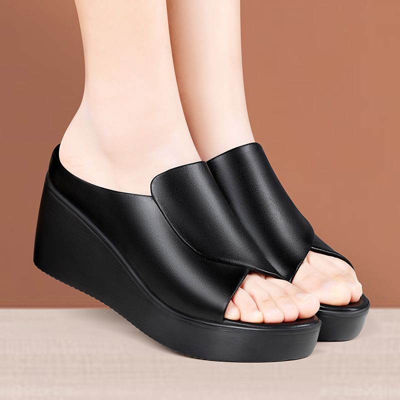 Platform Wedge Faux Leather Slide Sandals