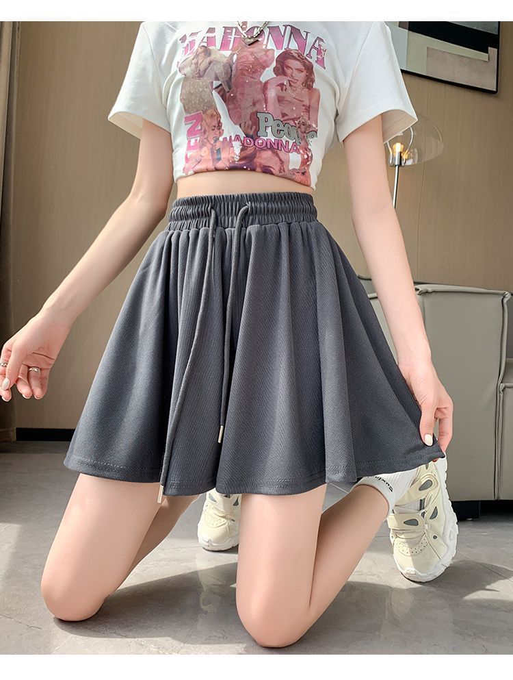 Shorts Waist Plain Drawstring Leg Wide