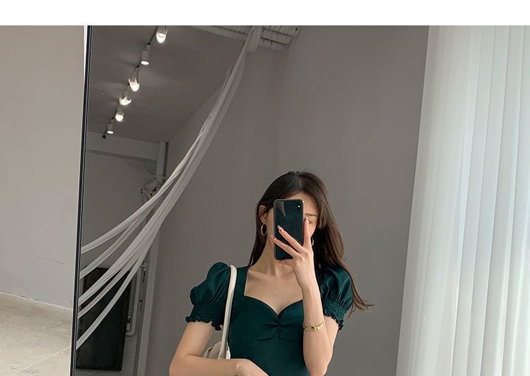 Midi Slit Neck Sleeve Puff Sweetheart Plain A-Line Dress