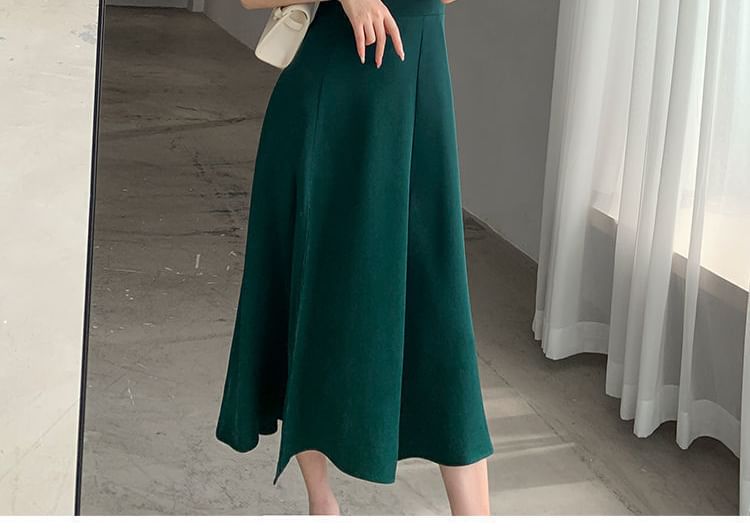 Midi Slit Neck Sleeve Puff Sweetheart Plain A-Line Dress