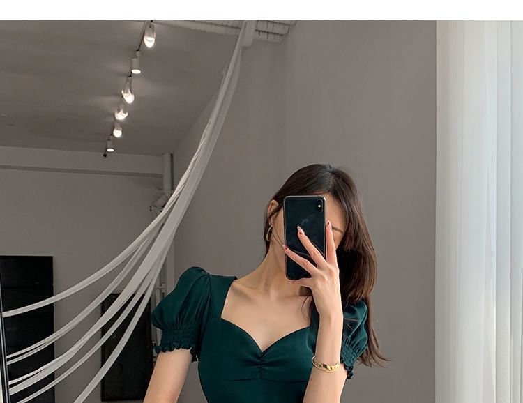 Midi Slit Neck Sleeve Puff Sweetheart Plain A-Line Dress