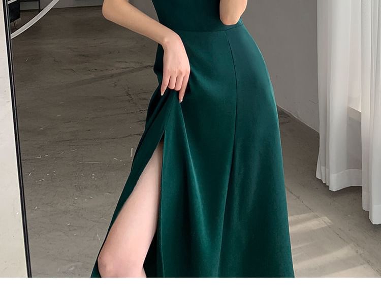 Midi Slit Neck Sleeve Puff Sweetheart Plain A-Line Dress