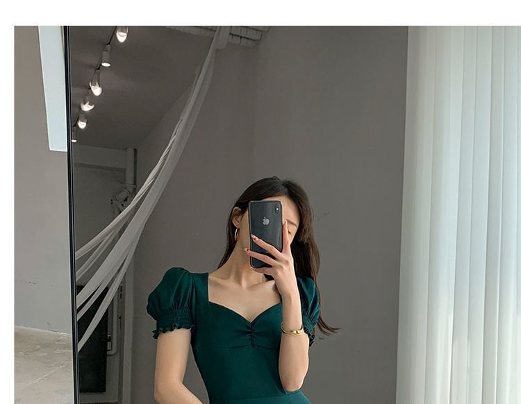 Midi Slit Neck Sleeve Puff Sweetheart Plain A-Line Dress